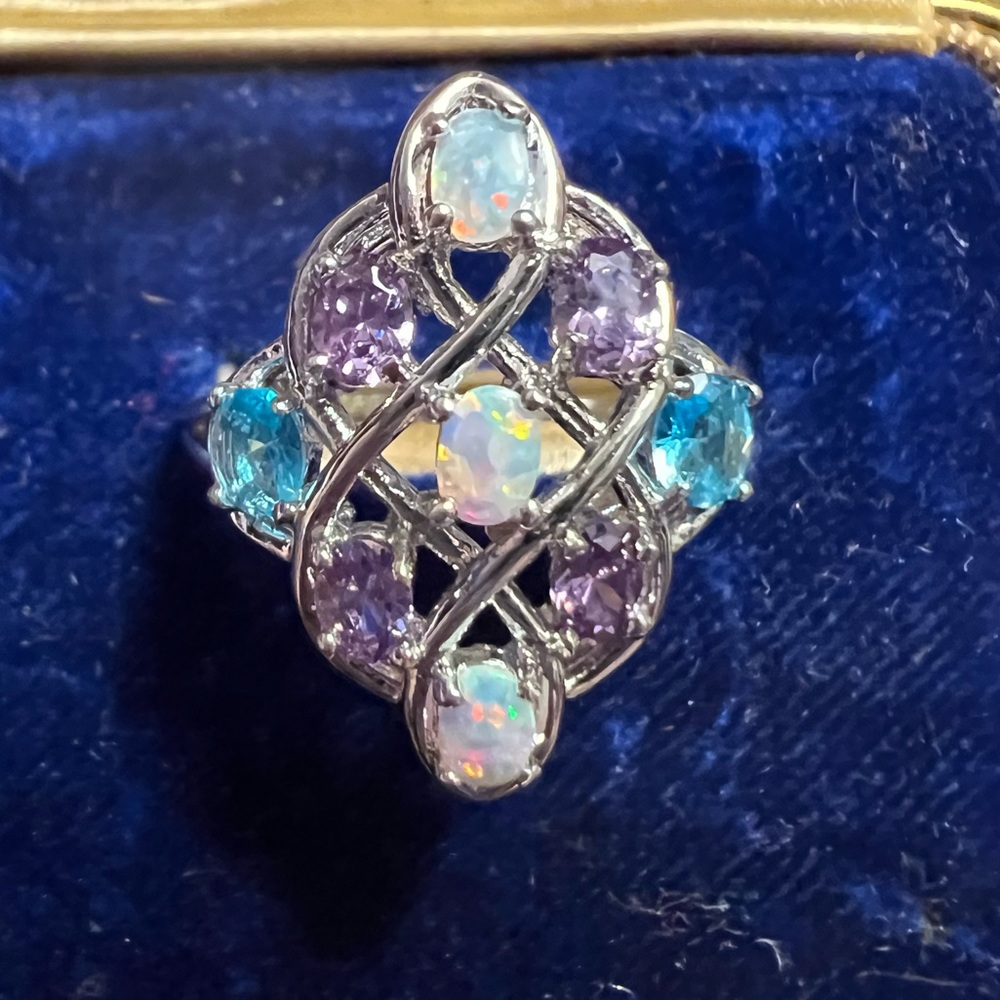 Silver Estate Ring Simulated Opal, Amethyst, Blue Topaz Size 7.5 - Picture 2 of 7